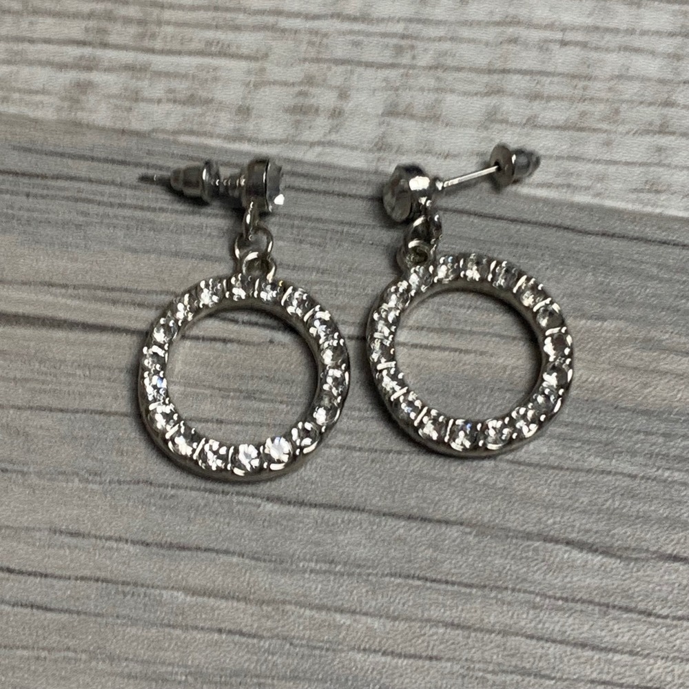 Silver Tone Rhinestone Circle Drop Earrings Round Dangle Post Back Clear Stones